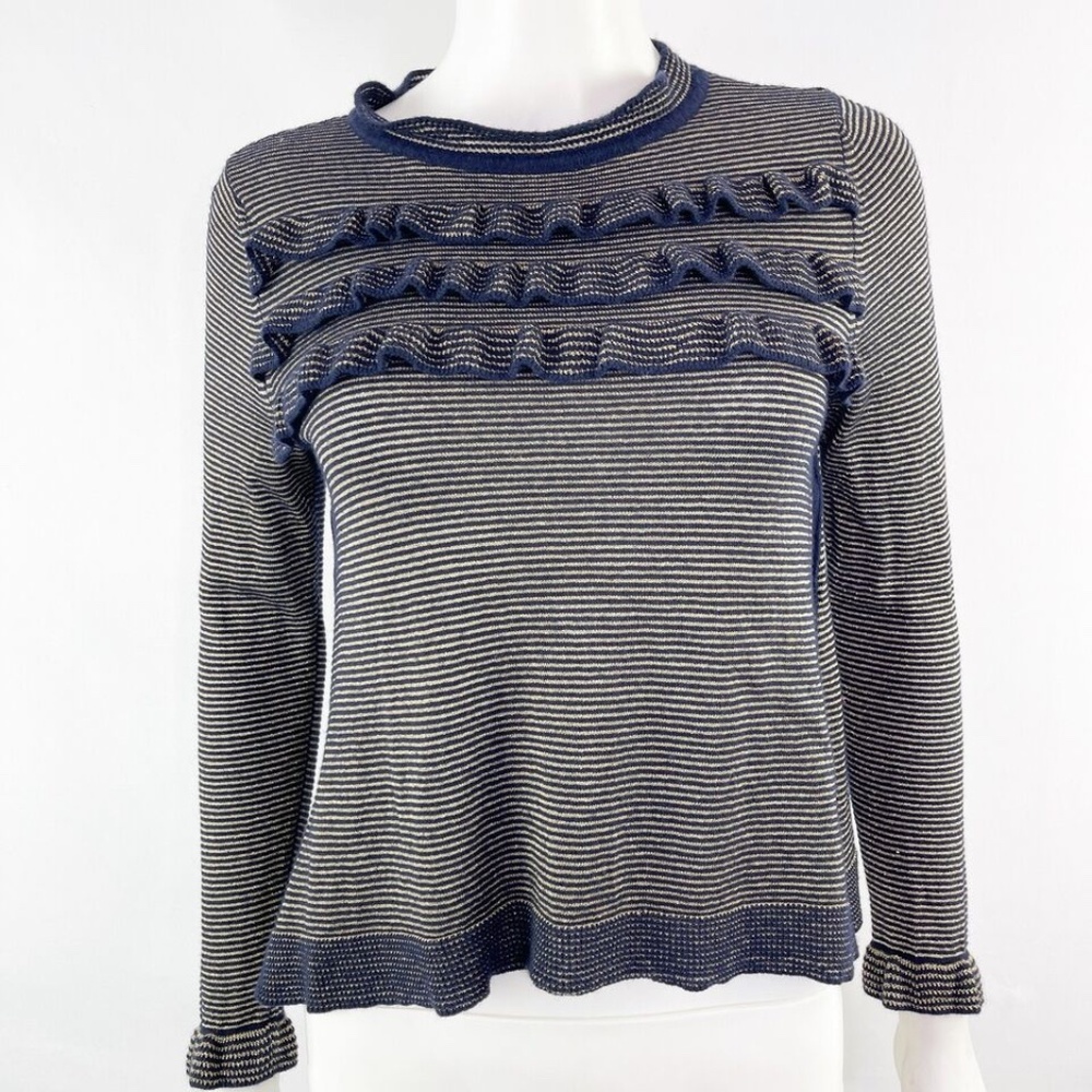 Marella Blue Ruffle Knit Sweater Size XS Gold Stripes Preppy Holiday Jumper